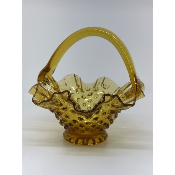 VTG Glass Amber Hobnail Ruffled Edge 5.75" Candy Basket Dish Handle - Picture 1 of 6
